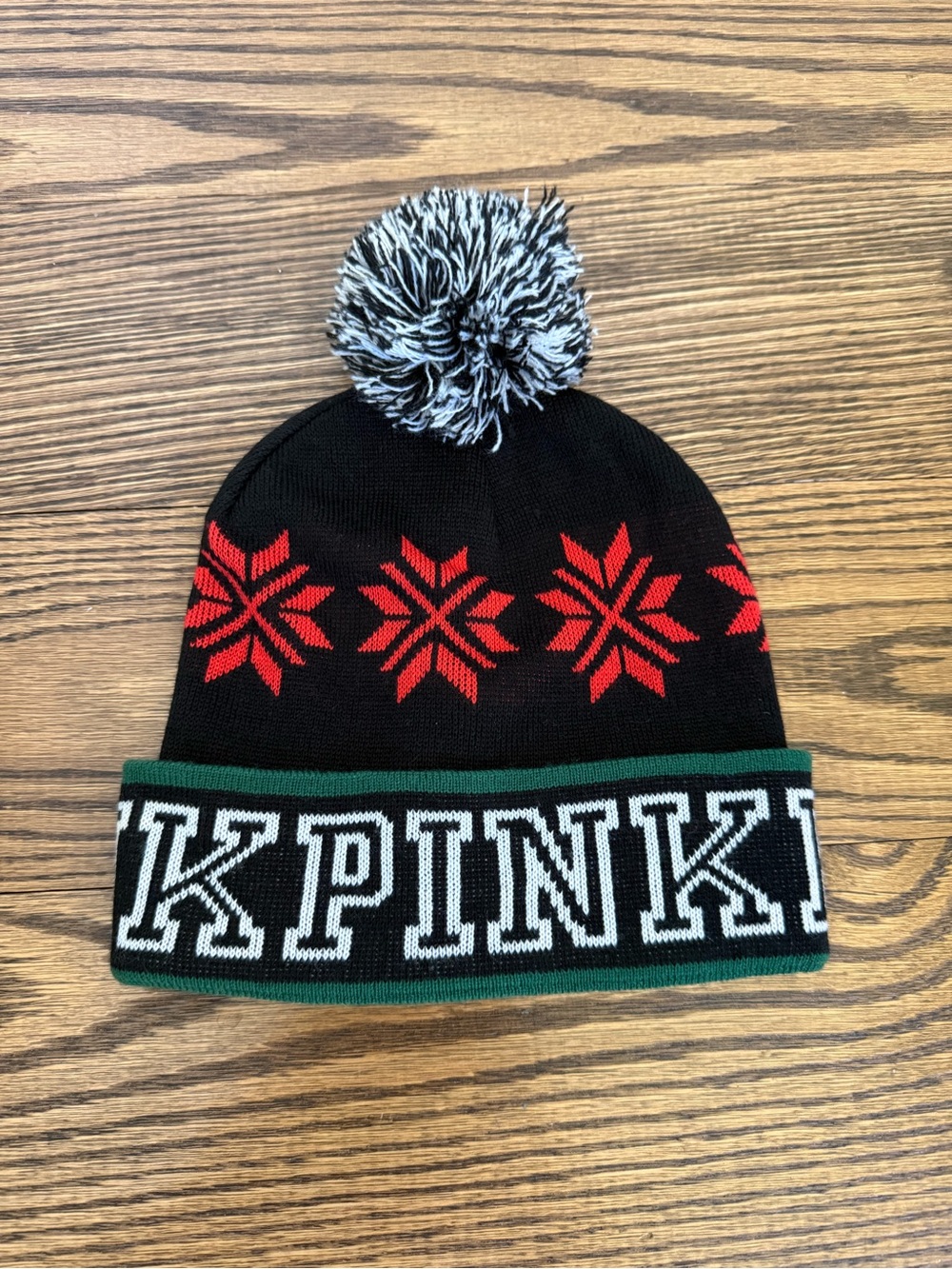 PINK by Victoria's Secret Pom Beanie | Black Snowflake Fair Isle | Green Trim